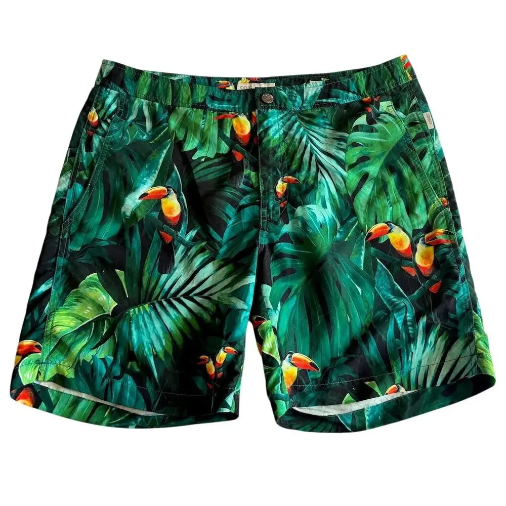 ONIA Swim Trunks Toucan Bird Jungle Fabric Woven in ITALY Mesh Liner Pockets 34